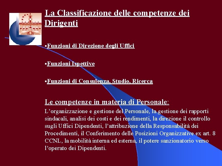 La Classificazione delle competenze dei Dirigenti §Funzioni di Direzione degli Uffici §Funzioni Ispettive §Funzioni