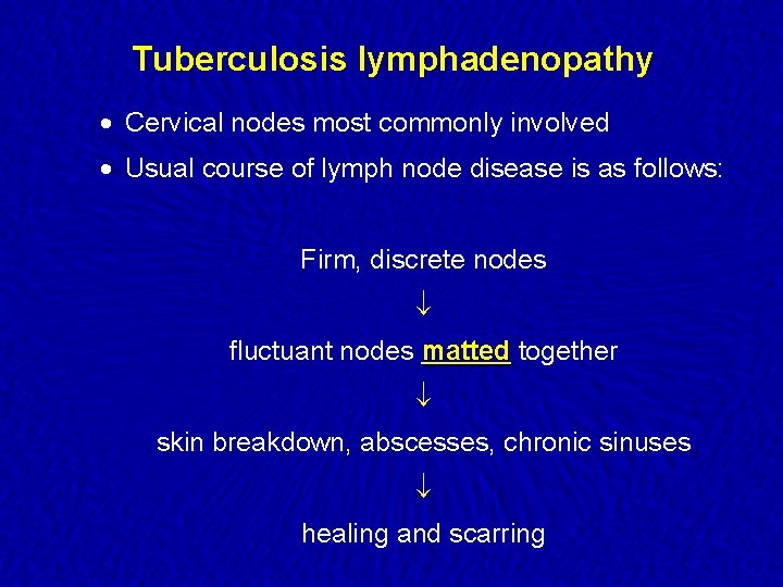 Tuberculosis lymphadenopathy · Cervical nodes most commonly involved · Usual course of lymph node