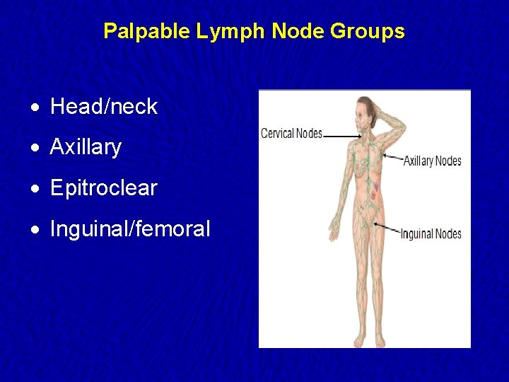 Palpable Lymph Node Groups · Head/neck · Axillary · Epitroclear · Inguinal/femoral 