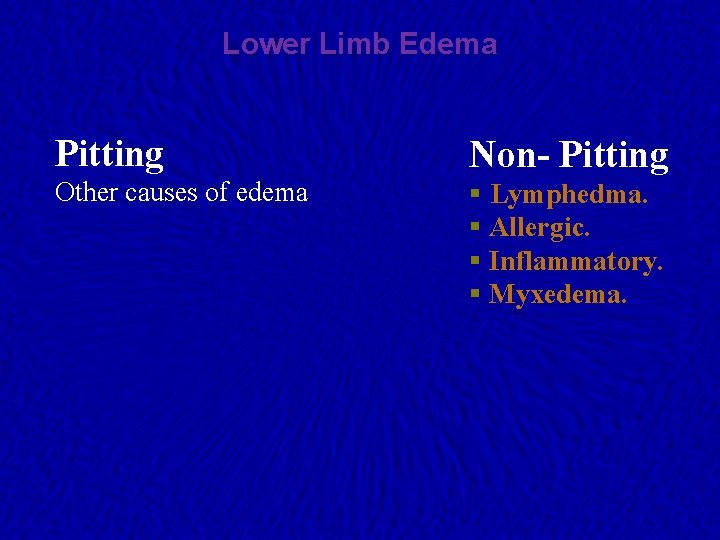 Lower Limb Edema Pitting Non- Pitting Other causes of edema § Lymphedma. § Allergic.