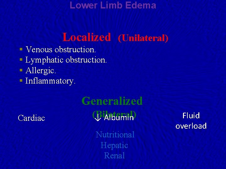 Lower Limb Edema Localized (Unilateral) § Venous obstruction. § Lymphatic obstruction. § Allergic. §