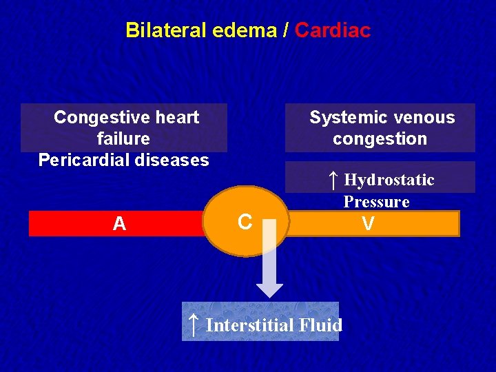 Bilateral edema / Cardiac Congestive heart failure Pericardial diseases A Systemic venous congestion ↑