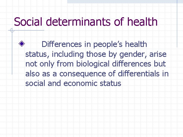 Social determinants of health Differences in people’s health status, including those by gender, arise