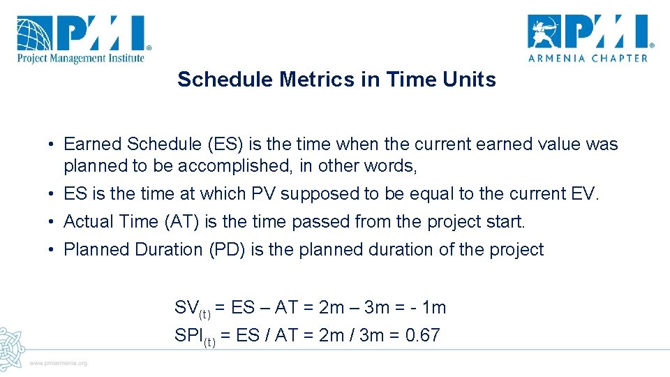 Schedule Metrics in Time Units • Earned Schedule (ES) is the time when the