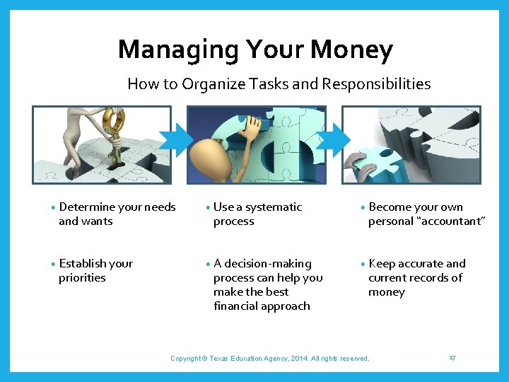 Managing Your Money How to Organize Tasks and Responsibilities • Determine your needs •