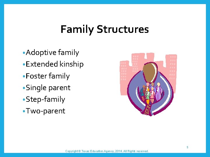 Family Structures • Adoptive family • Extended kinship • Foster family • Single parent