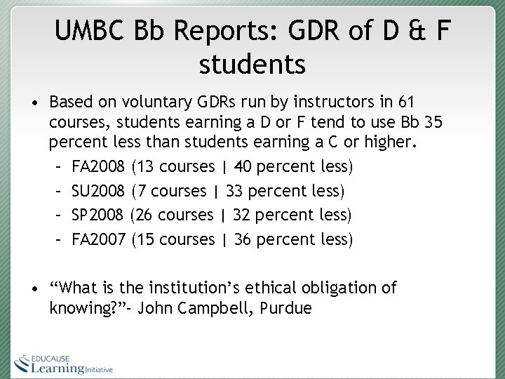 UMBC Bb Reports: GDR of D & F students • Based on voluntary GDRs