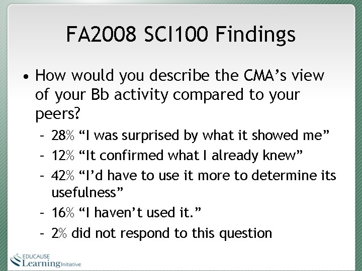 FA 2008 SCI 100 Findings • How would you describe the CMA’s view of