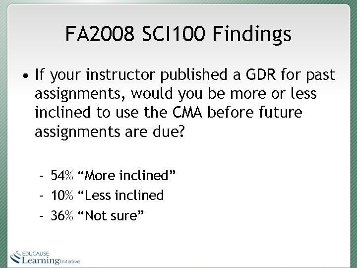FA 2008 SCI 100 Findings • If your instructor published a GDR for past