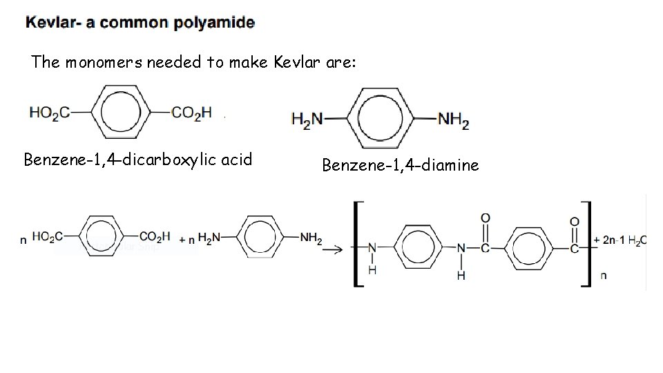 The monomers needed to make Kevlar are: Benzene-1, 4 -dicarboxylic acid Benzene-1, 4 -diamine