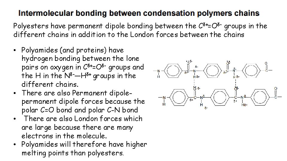 Polyesters have permanent dipole bonding between the C δ+=Oδ- groups in the different chains