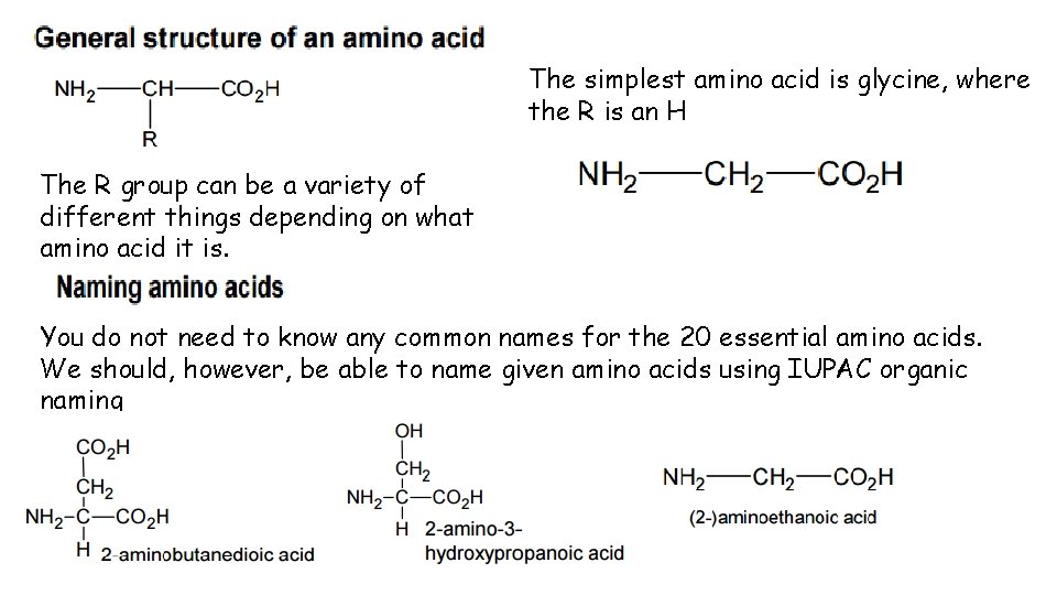 The simplest amino acid is glycine, where the R is an H The R