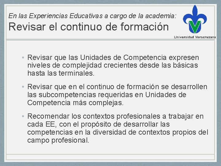 En las Experiencias Educativas a cargo de la academia: Revisar el continuo de formación