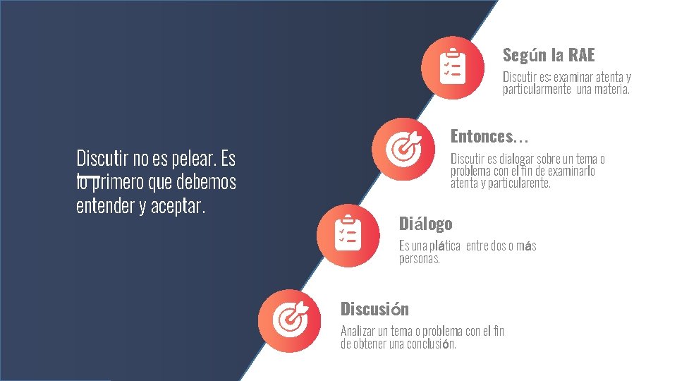 Según la RAE Discutir es: examinar atenta y particularmente una materia. Discutir no es