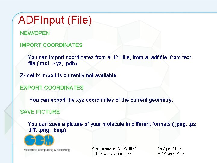 ADFInput (File) NEW/OPEN IMPORT COORDINATES You can import coordinates from a. t 21 file,