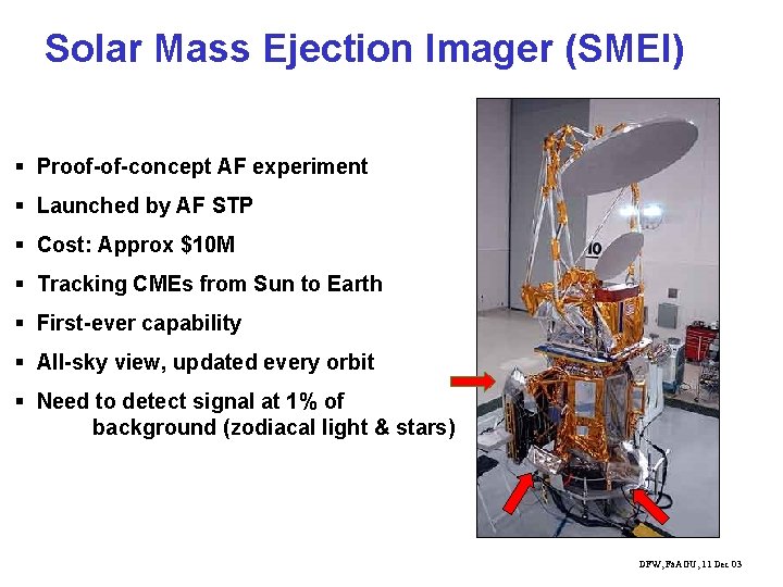 Solar Mass Ejection Imager (SMEI) § Proof-of-concept AF experiment § Launched by AF STP