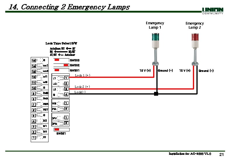 14. Connecting 2 Emergency Lamps Emergency Lamp 1 Emergency Lamp 2 Lock Type Select