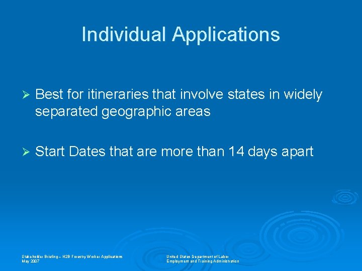Individual Applications Ø Best for itineraries that involve states in widely separated geographic areas