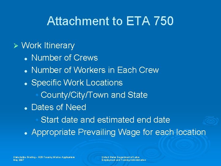 Attachment to ETA 750 Ø Work Itinerary l Number of Crews l Number of