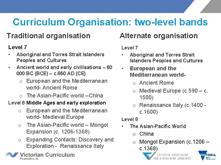 Curriculum Organisation: two-level bands Traditional organisation Level 7 • • Aboriginal and Torres Strait