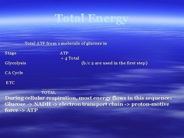 Total Energy Total ATP from 1 molecule of glucose in Stage ATP + 4