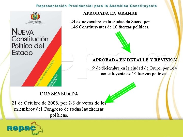 APROBADA EN GRANDE 24 de noviembre en la ciudad de Sucre, por 146 Constituyentes