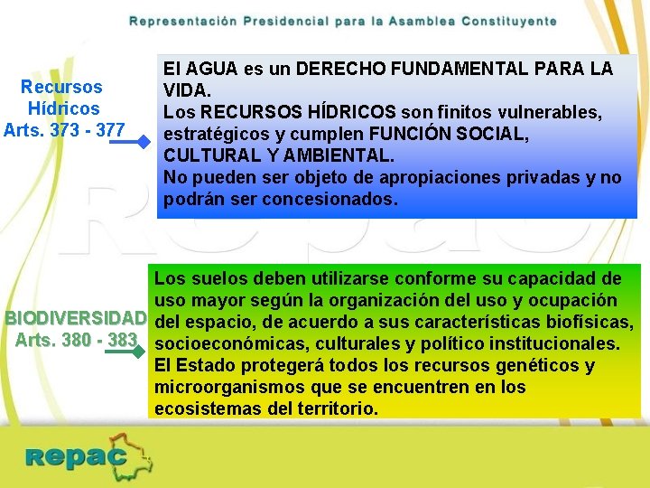 Recursos Hídricos Arts. 373 - 377 El AGUA es un DERECHO FUNDAMENTAL PARA LA