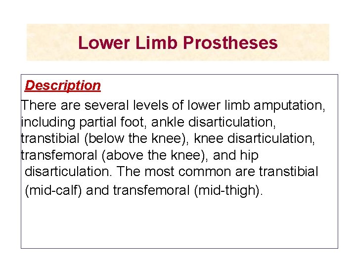 Lower Limb Prostheses Description There are several levels of lower limb amputation, including partial