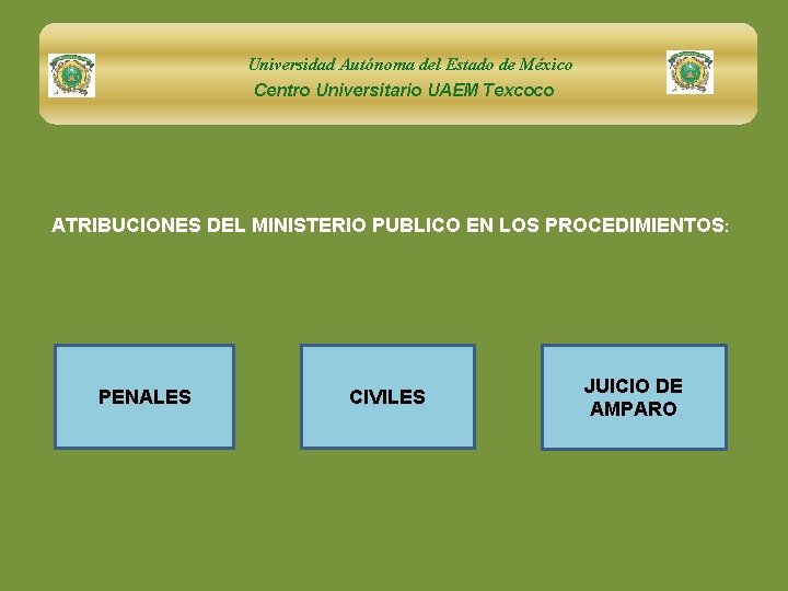 Universidad Autónoma del Estado de México Centro Universitario UAEM Texcoco ATRIBUCIONES DEL MINISTERIO PUBLICO