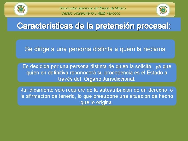 Universidad Autónoma del Estado de México Centro Universitario UAEM Texcoco Características de la pretensión