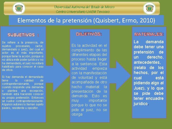 Universidad Autónoma del Estado de México Centro Universitario UAEM Texcoco Elementos de la pretensión