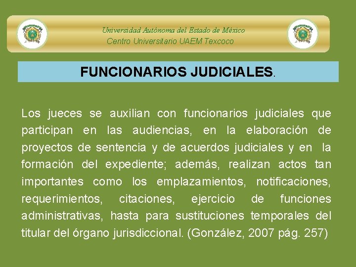 Universidad Autónoma del Estado de México Centro Universitario UAEM Texcoco FUNCIONARIOS JUDICIALES. Los jueces