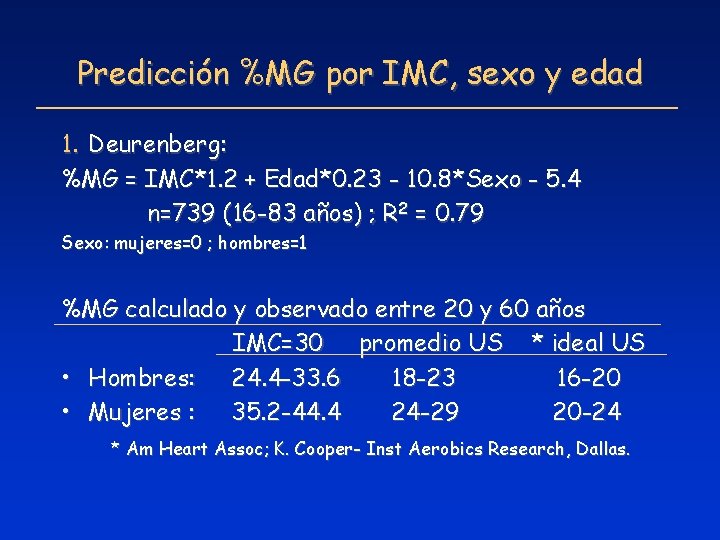 Predicción %MG por IMC, sexo y edad 1. Deurenberg: %MG = IMC*1. 2 +