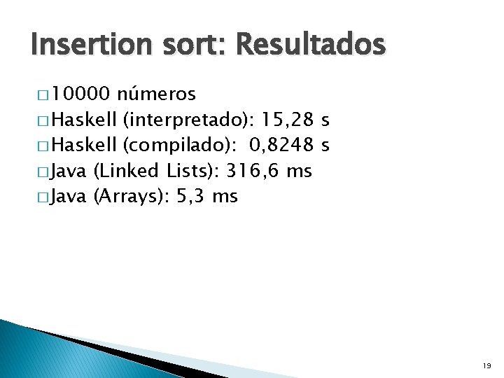 Insertion sort: Resultados � 10000 números � Haskell (interpretado): 15, 28 s � Haskell