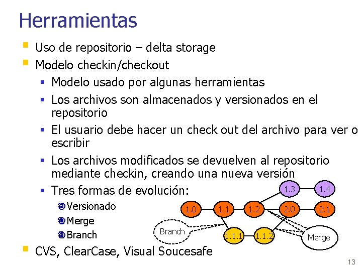 Herramientas § Uso de repositorio – delta storage § Modelo checkin/checkout § Modelo usado