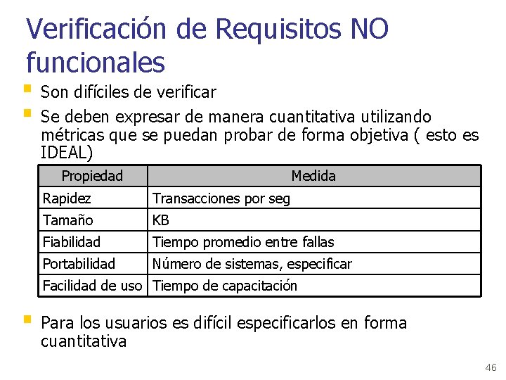 Verificación de Requisitos NO funcionales § Son difíciles de verificar § Se deben expresar
