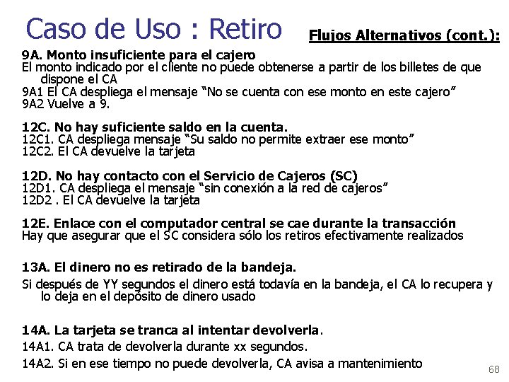 Caso de Uso : Retiro Flujos Alternativos (cont. ): 9 A. Monto insuficiente para