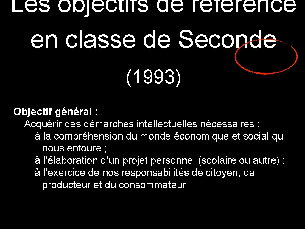 Les objectifs de référence en classe de Seconde (1993) Objectif général : Acquérir des