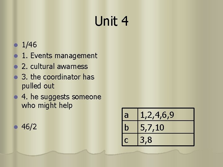 Unit 4 l l l 1/46 1. Events management 2. cultural awarness 3. the