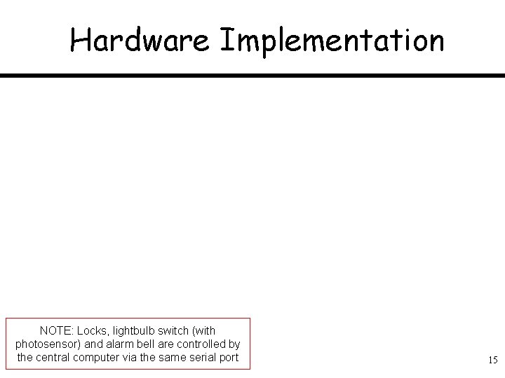 Hardware Implementation NOTE: Locks, lightbulb switch (with photosensor) and alarm bell are controlled by
