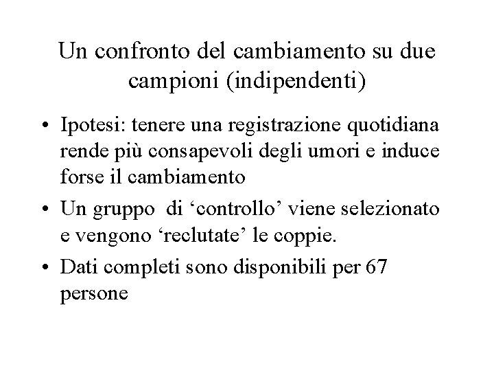 Un confronto del cambiamento su due campioni (indipendenti) • Ipotesi: tenere una registrazione quotidiana Un confronto del cambiamento su due campioni (indipendenti) • Ipotesi: tenere una registrazione quotidiana