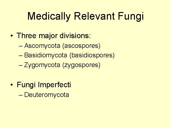 Medically Relevant Fungi • Three major divisions: – Ascomycota (ascospores) – Basidiomycota (basidiospores) –