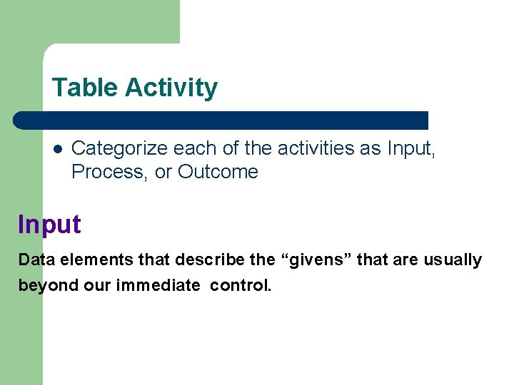 Table Activity l Categorize each of the activities as Input, Process, or Outcome Input