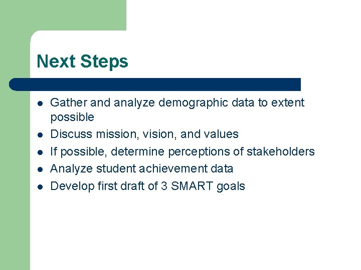 Next Steps l l l Gather and analyze demographic data to extent possible Discuss