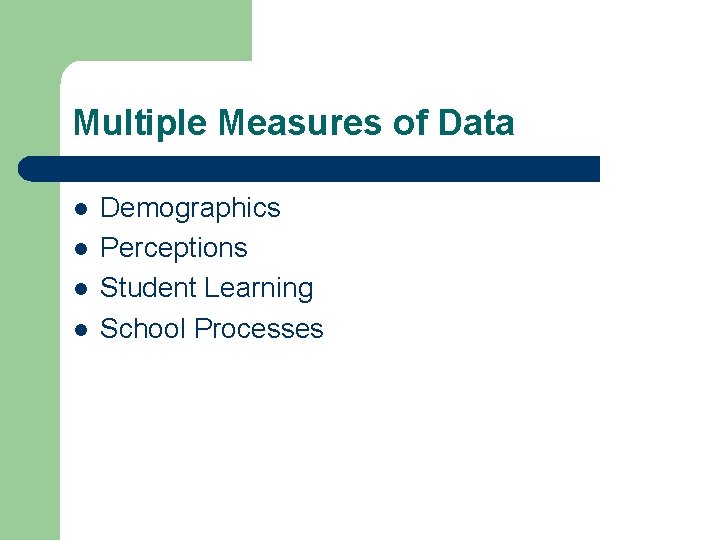 Multiple Measures of Data l l Demographics Perceptions Student Learning School Processes 