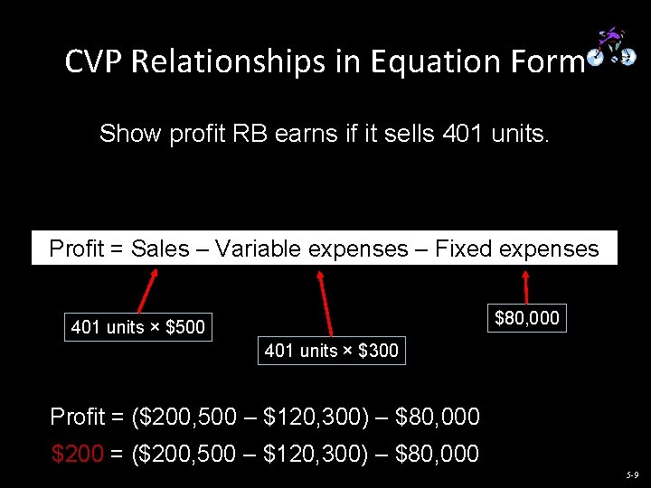 CVP Relationships in Equation Form Show profit RB earns if it sells 401 units.