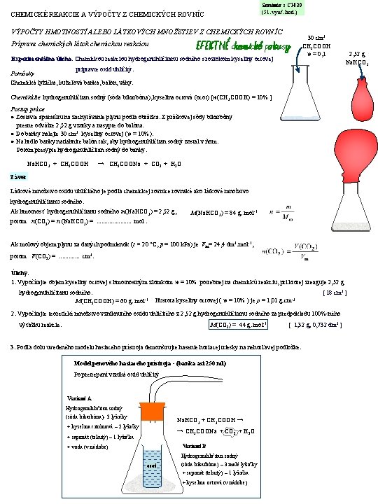 CHEMICKÉ REAKCIE A VÝPOČTY Z CHEMICKÝCH ROVNÍC Seminár z CH 29 (51. vyuč. hod.