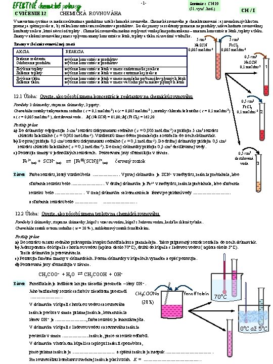 -1 - CVIČENIE 12 CHEMICKÁ ROVNOVÁHA Seminár z CH 29 (51. vyuč. hod. )