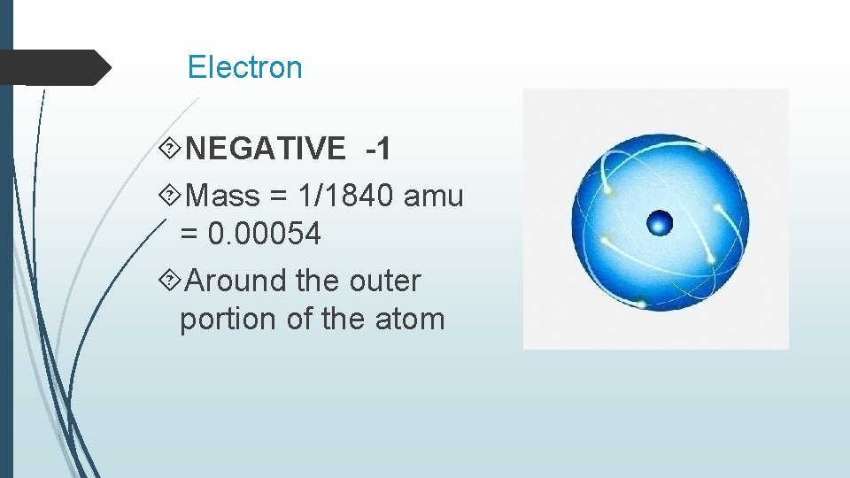 Electron NEGATIVE -1 Mass = 1/1840 amu = 0. 00054 Around the outer portion Electron NEGATIVE -1 Mass = 1/1840 amu = 0. 00054 Around the outer portion