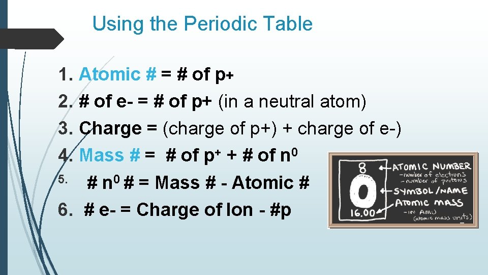 Using the Periodic Table 1. Atomic # = # of p+ 2. # of Using the Periodic Table 1. Atomic # = # of p+ 2. # of
